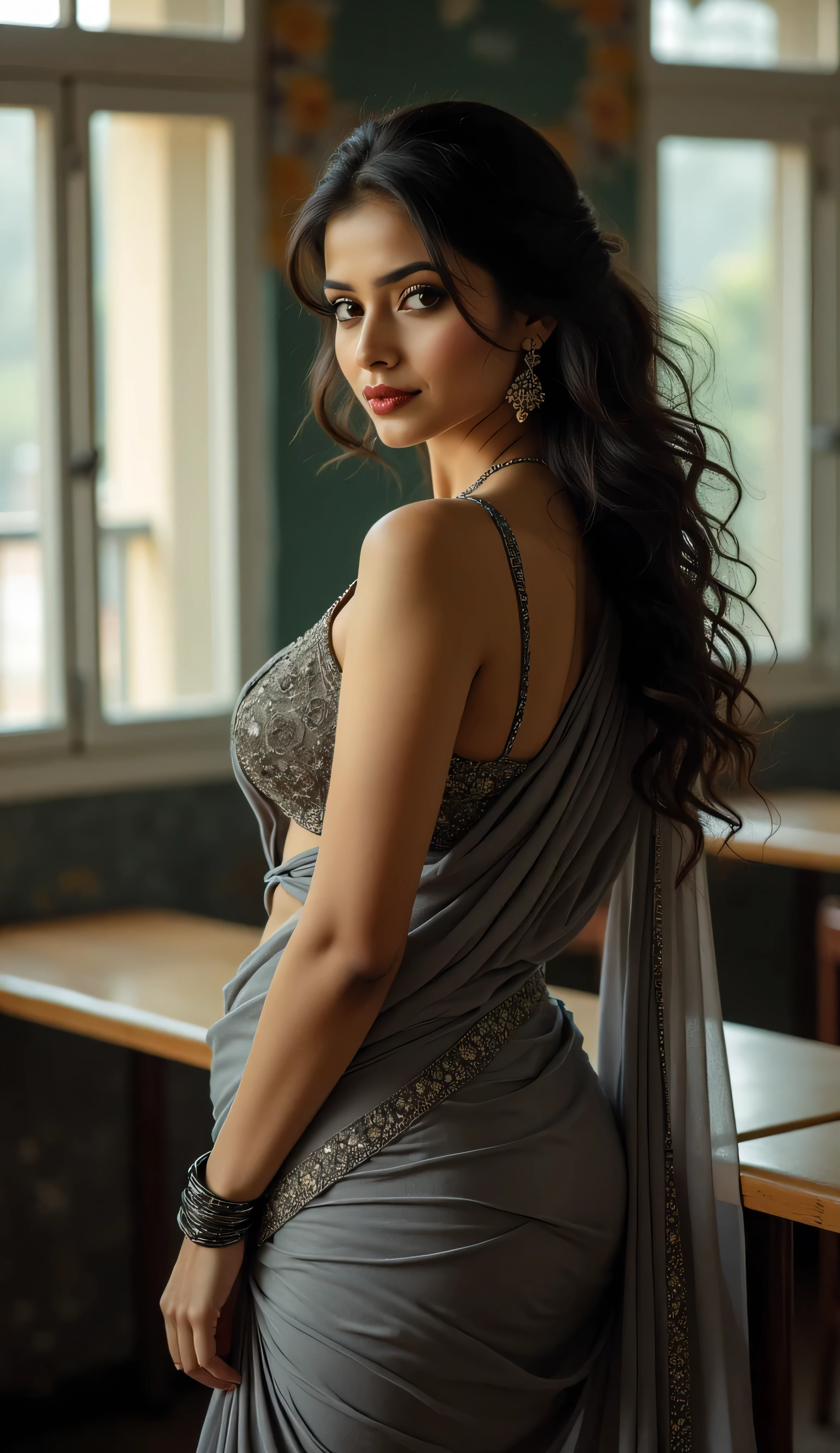 Front view,Full body image, indian hourglass body, Indian Fair complexion, Indian medium plus sized 29 year old Telugu teacher syamala, mouth slightly open, very huge breasts, wearing highly embroideried gray colour glossy fully transparent chiffon deep neck blouse and gray colour glossy linen body fit designer saree wearing , eyes partially closed,, standing in a class room, romantic movie stills photography, movie stills, movie photo, hd movie photo, movie still promotion, film movie still, still from movie, dynamic movie still, still from a movie, movie still 8 k, movie film still, still from the movie, cinematic movie still, promotional movie still, full body image, side view