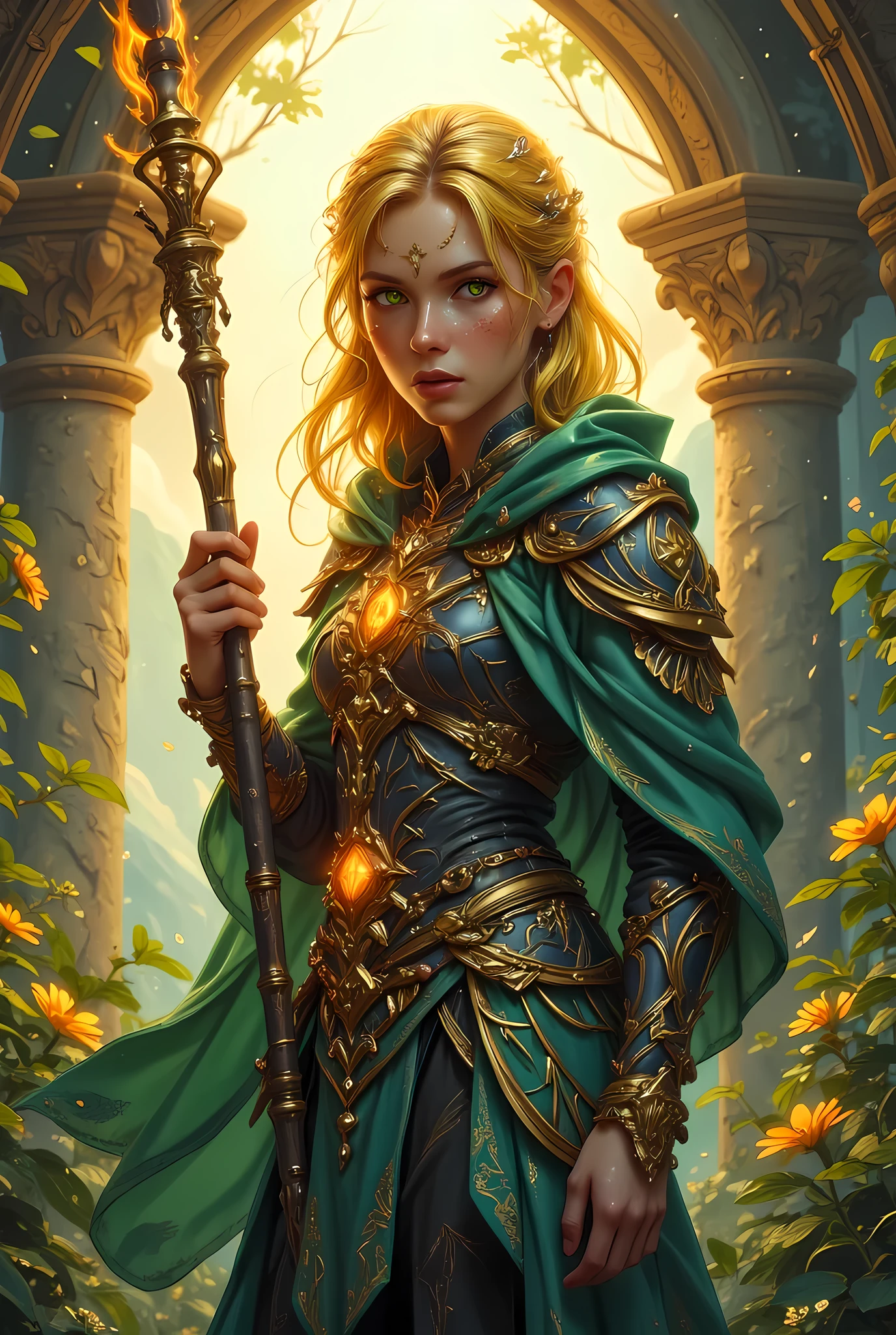 full body picture of olo female druid, intense details facial details, exquisite beauty, cleric of nature female, ((yellow hair: 1.5)), long hair,  (green eyes: 1.3), armed with a fiery staff, red fire, wearing (druid combat vestments: 1.5), wearing high heeled laced boots, wearing an (green cloak:1.3), wearing glowing holy symbol, fantasy art, dnd art, RPG art, wide shot, (masterpiece: 1.4) intense details, highly detailed, photorealistic, best quality, highres, within fantasy temple of nature background, reflection light, high details, best quality, 16k, [ultra detailed], masterpiece, best quality, (extremely detailed), close up, ultra wide shot, photorealistic, RAW, fantasy art, dnd art, fantasy art, realistic art,((best quality)), ((masterpiece)), (detailed), perfect face, zavy-ctcmcs