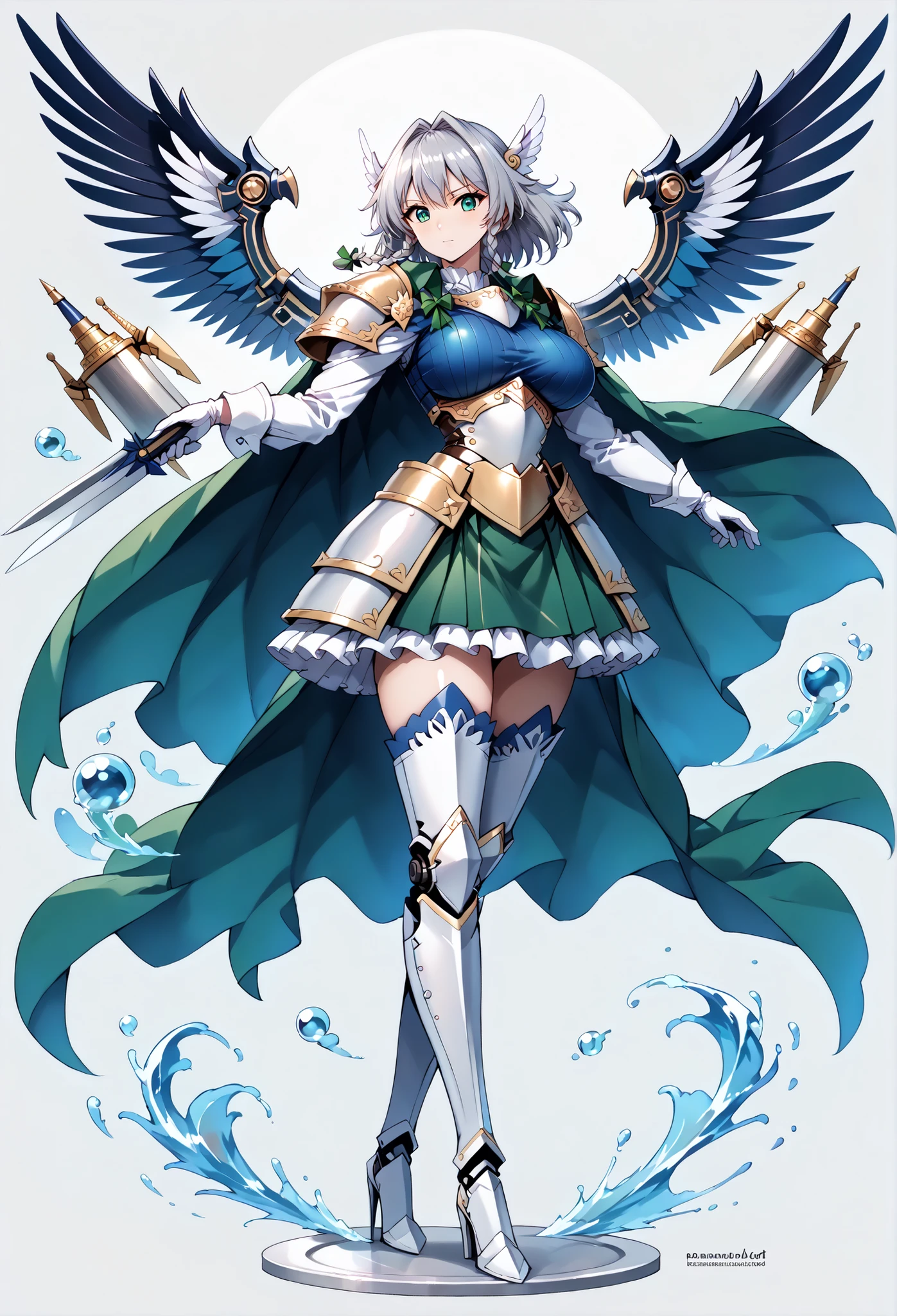 score_9, score_8_up, score_7_up, source_anime, 4K,perfect fingers,(perfect hands, perfect anatomy),prefect lighting, very aesthetic, intricate details,highly detailed background, masterpiece, high quality, best quality,
1girl,solo, izayoi_sakuya,silver hair, twin_braids ,((Large Breast:1.5)),
wearing ((gloves, long sleeves, wings, white gloves, armor, shoulder armor, breastplate, blue armor, Cape, armor, Androidization、Robotization,  Handguard, Waist wrap skirt, breastplate, full armor, Thigh-heeled boots, Robot-like joints, Anatomically correct mechanical body, )) ,,
underbreasts close up,