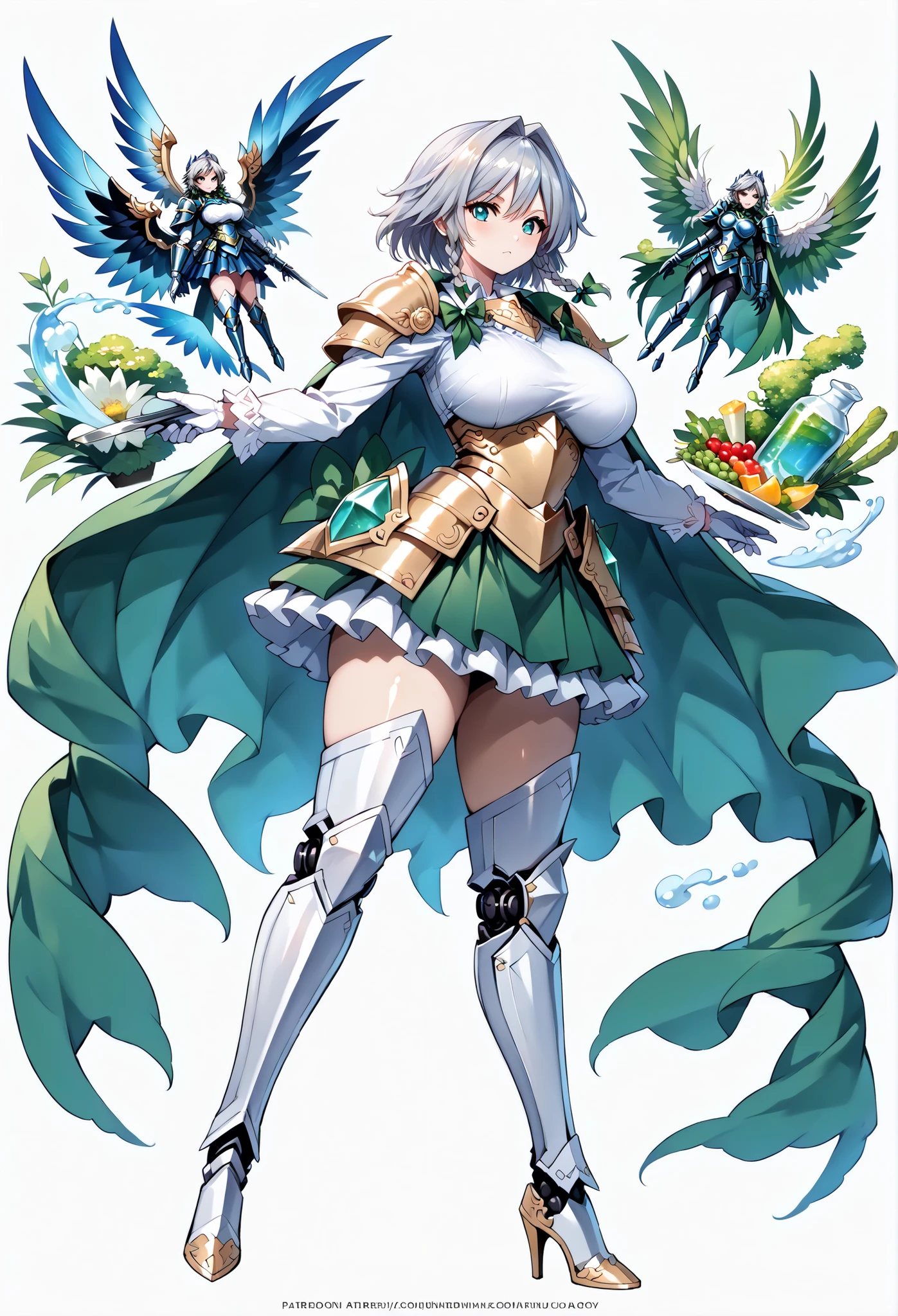 score_9, score_8_up, score_7_up, source_anime, 4K,perfect fingers,(perfect hands, perfect anatomy),prefect lighting, very aesthetic, intricate details,highly detailed background, masterpiece, high quality, best quality,
1girl,solo, izayoi_sakuya,silver hair, twin_braids ,((Large Breast:1.5)),
wearing ((gloves, long sleeves, wings, white gloves, armor, shoulder armor, breastplate, blue armor, Cape, armor, Androidization、Robotization, Handguard, Waist wrap skirt, breastplate, full armor, Thigh-heeled boots, Robot-like joints, Anatomically correct mechanical body, )) ,,
underbreasts close up,