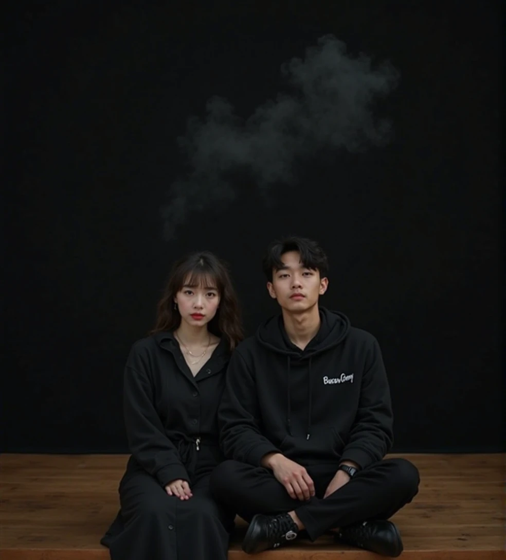 Photography of two friends, one male and one female, age 18, man lying on woman's lap, in a park bench, wearing hoodies, techwear, gucci fashion, in a park, autumn, winds, canon 8d, f 1.6, full photo, blue orange white and black color scheme, cinematic