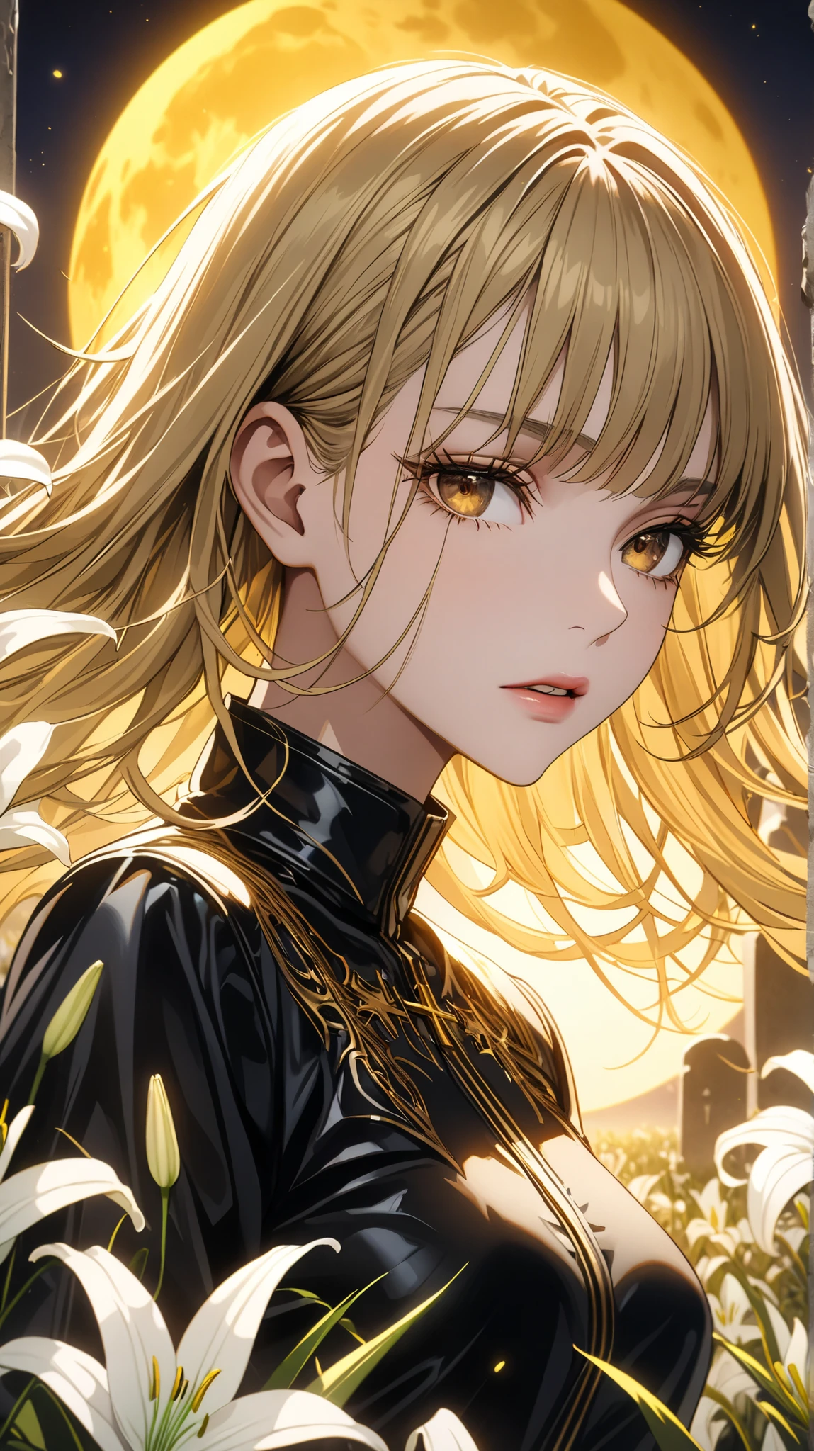 ((( brown eyes , brown eyes color, brown eyess )))
beautiful blonde, neck , long hair slightly curly , brown eyess with golden veins , long eyelashes , black denim short jacket , high-waisted black jeans , ( masterpiece fails ), high quality, highly detailed face, (sharp parts ), 4k, Very detailed , expressive eyes , SHARP detail expressive eyes , ( CLEAR detail perfect face), golden yellow hair , (Shiny lipstick), haircut , detailed face, middle breasts , long eyelashes , mature, shiny leather , beautiful brown eyess ,( detailed eyes , sharp eyes , clear pupils :0.8), thin bangs , cheeky look . sits on a tombstone on a grave , looks into the distance.
background: (( big yellow moon )) Night, Night Cemetery , old overgrown graves , slanted stone crosses , } old cracked tombstones (( white lilies glow white )). MYSTERY, twilight, lots of little golden sparks and lights around , blazing gold dust in the air , golden sparks reflect the woman's big red eyes , white magic lines glow under her skin like veins, hyperdetail , high quality,4k,line, soft ink pattern on office paper , lots of details , sophisticated anime art , breathtakingly beautiful , close-up high definition , Very detailed , retina , ultra high resolution available, lines of movement, ray tracing ,Mountains, Divine rays , round transparent gold portals .
