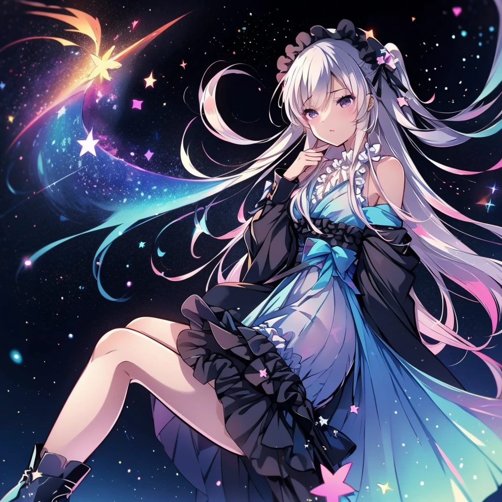 (((masterpiece)))、(((top-quality)))、((ultra-detailliert))、(illustratio)、((extremely delicate and beautiful))、Bright smile、floating、(Detailed light) (1girl in)、、solo、The long-haired、The wind is blowing、A WORLD、(cute eye)、(thick thighs), (Curve), White hair, (Red Eyes), 1 girl, pale skin, (Two-tone hair), Eyelashes, Smile, gleaming skin, Shiny hair, Long hair, nigh sky, nebulas, Galaxy, (Stars, inner strength), looking at you, Anime, beautiful anime eye, Beautiful detailed eyes, Eyes, Glittering eyes, (neons), Angelic, Halo, Flowers, (Colorful hair, rainbow hair, Liquid, Water, cloud, starrysky), Sleepy eyes), (lolita dress, detailed dress, Cute dress, fuffy dress,), Anime, rainbows, Style,
