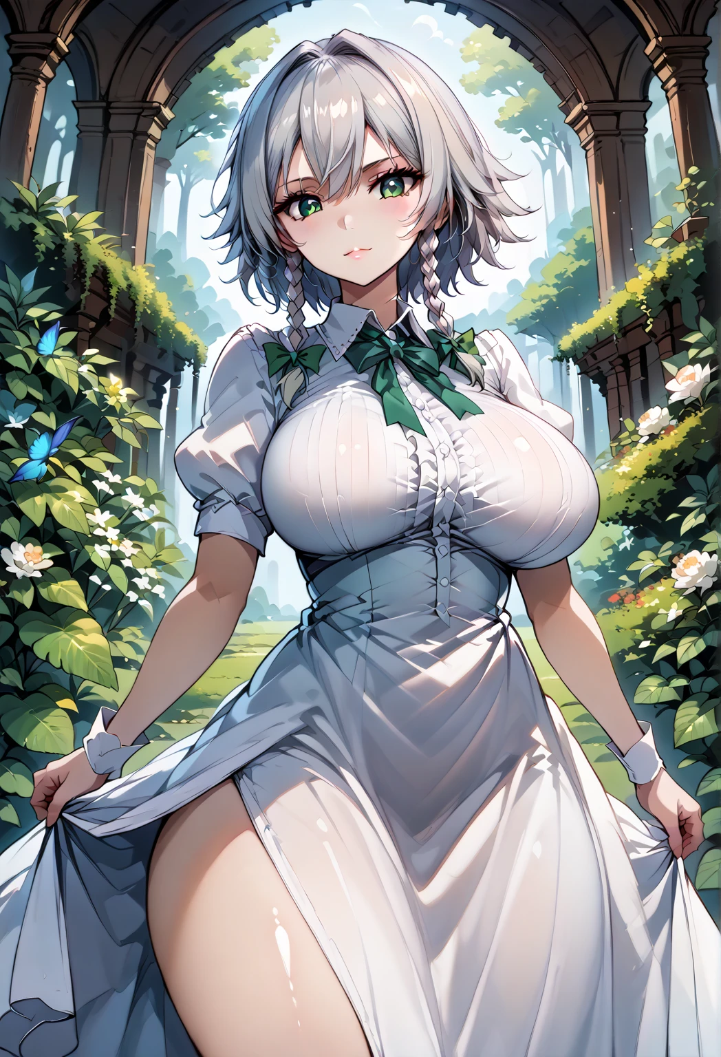 (Best quality,4K,8K,High resolution,Masterpiece:1.2),Super detailed,(Actual, Realistic),
break,
((Beautiful clear blue eyes:1.2)),very kind eyes,eyes wide open,beautiful eyelashes,beautiful lower eyelashes,
break,
((Beautiful and shiny silver hair:1.3)),expression of embarrassment,blush,
break,
short sleeve white dress shirt,blue bow tie,
break,
((Beautiful exposed breasts and nipples:1.3)) ,
break,
((bust shot)),zoom in,summer forest bathing