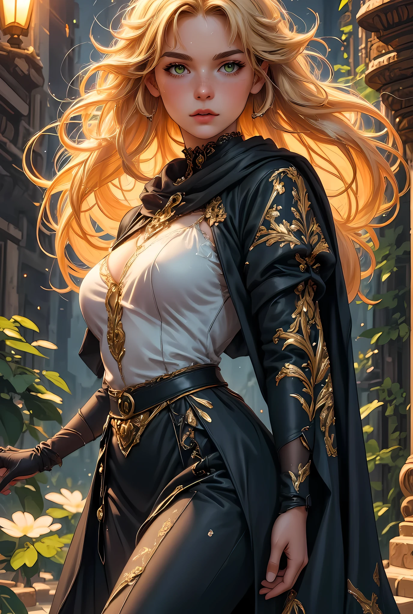 full body picture of olo female druid, intense details facial details, exquisite beauty, cleric of nature female, ((yellow hair: 1.5)), long hair,  (green eyes: 1.3), armed with a fiery staff, red fire, wearing (druid combat vestments: 1.5), wearing high heeled laced boots, wearing a (green cloak:1.3), small cleavage, wearing glowing holy symbol, fantasy art, dnd art, RPG art, wide shot, (masterpiece: 1.4) intense details, highly detailed, photorealistic, best quality, highres, within fantasy nature temple background, reflection light, high details, best quality, 16k, [ultra detailed], masterpiece, best quality, (extremely detailed), close up, ultra wide shot, photorealistic, RAW, fantasy art, dnd art, fantasy art, realistic art,((best quality)), ((masterpiece)), (detailed), perfect face, zavy-ctcmcs