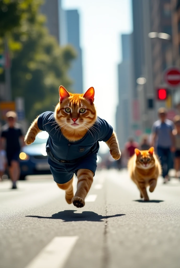 Generate an image of a cat wearing a blue shirt and jeans pant , the cat is cute and ginger in colour , the cat has huge sparkling eyes , the cat is walking with his cat mom in public and many people are behind them , they are walking on the side of a footpath. The cat is just like a human being on two legs and his mom cat also .There is a black car coming behind them. The cat is hit by a car and the cat is on the ground bleeding and the facial expressions of the cat is like crying the cat is lying on the ground . crying and sad