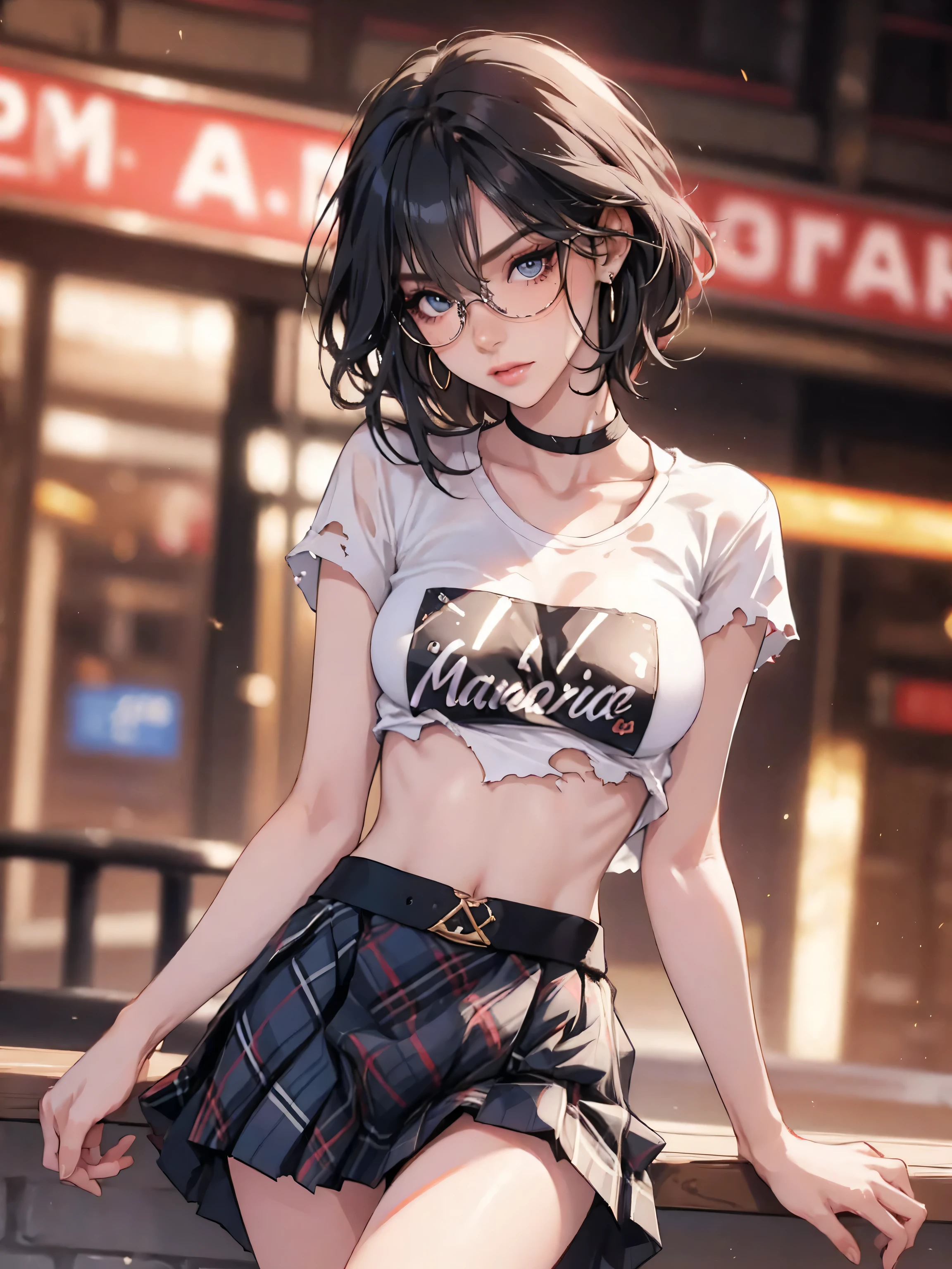 1girl,a beautiful fashion model ,(masterpiece, official art, best quality), short shiny hair, black hair,  full lips, upturned nose , medium breasts, stripping, elegant makeup, exhibitionism, naked in public, , slim thighs, toned body, shiny skin, sexy pose, tattoos, (( (slender, skinny, slim))), gold hoop earrings, pink eyeshadow, cute face, ((torn tshirt, plaid skirt))), blue eyes, round glasses, freckles