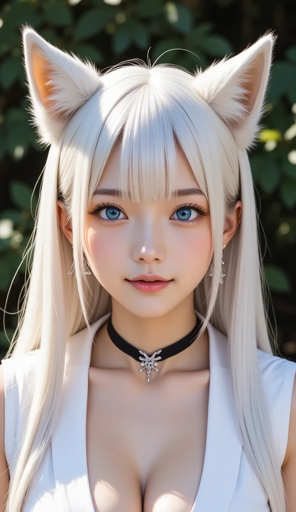 Anime girl with a pair of cat ears, There are soft white villi on the inside of the ear, Her eyes widened,inquisitive, She was happy to see me, Beautiful eyes, White hair, Pink eyes, good art, Good painting, Anime 2D, 2D, Cute, 2 hands and 5 fingers per hand, Beautiful hands, Well drawn, 4K, 8K,