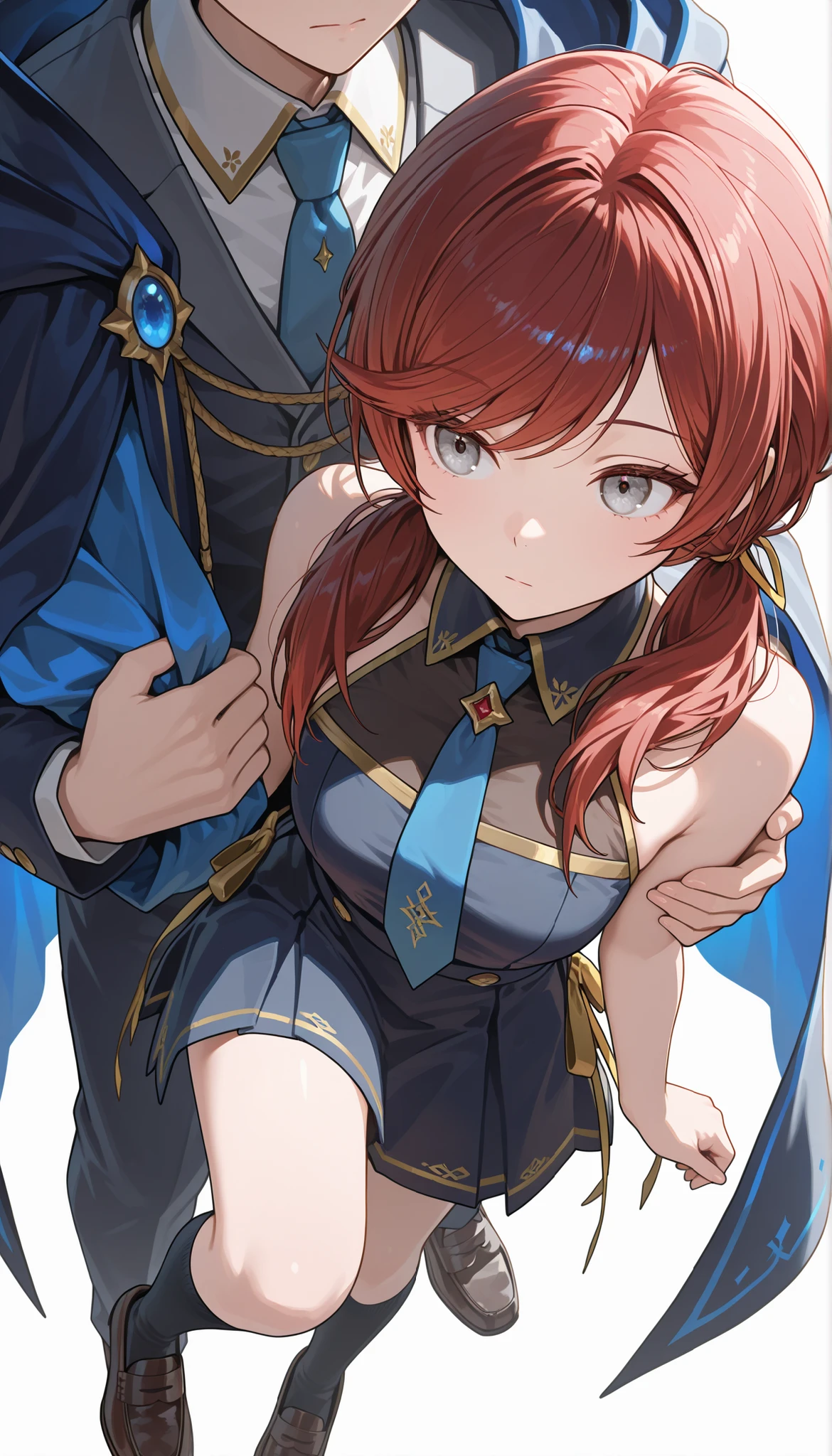 (masterpiece:1.2, Best Quality), (finely detailed beautiful eye: 1.2), (beautiful detailed face), stoic, from above, out of frame boy carrying girl, carrying, princess carry, close up, solo, expressionless, full body, Gray eyes, dark red hair, swept bangs, long low twin tails, golden ribbons, sleeveless white halter neck collared shirt, dark blue necktie, dark blue mantle with gold trim, dark blue skirt, black knee socks, loafers, white background, simple background,