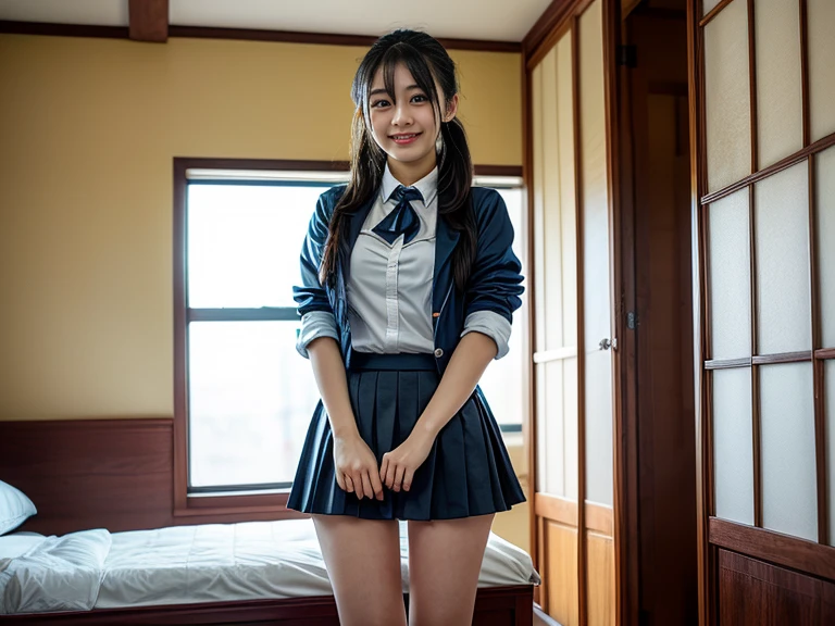 ((beautiful eyes with fine detail)), realistic skin, (intricate details), best lighting, depth field, ((ultra high resolution, high res)), {highres}, {{very fine 8KCG wallpapers}}, {{very precise detailed}}, ((((masterpiece)))), nsfw, 1girl,teenager, Blushing, smile, ((japanese uniform)),((showing nippls)), (small breast), ((navy blue pleated miniskirt)), ((skirt lift:1.7)), (tie),black socks, (panties), (((smartphone,selfie))), japanese high school classroom