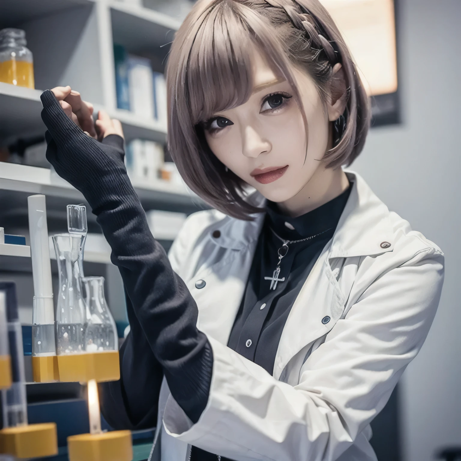 Depict a 20-year-old, stunningly beautiful woman conducting an experiment in a well-equipped science lab. She wears a pristine white lab coat over professional attire, her expression focused as she carefully handles scientific instruments. Whether her hair is long and neatly tied back or short and styled, she maintains a meticulous appearance suited for the lab environment. The background features shelves filled with scientific equipment, adding to the immersive atmosphere of the setting. Brown hair, bob haircut, dark eyes.