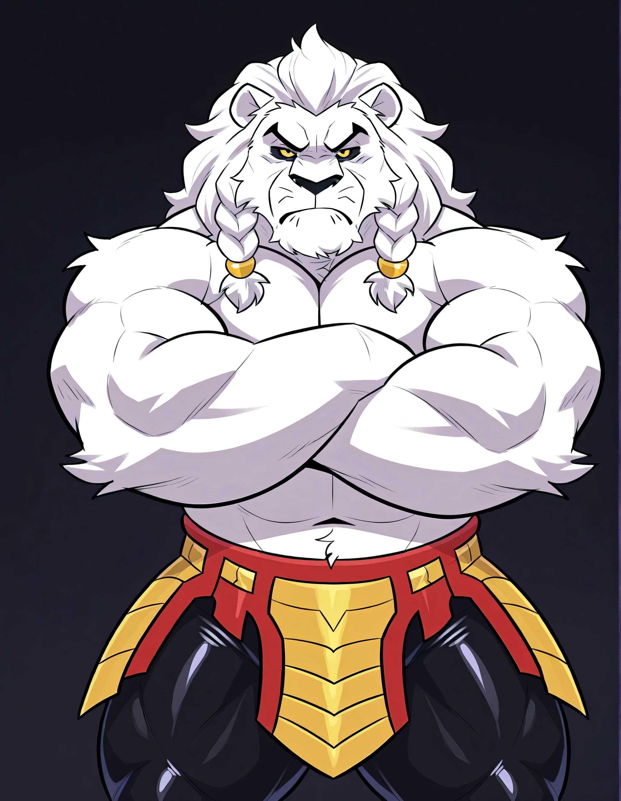 ThokkIN, lion, white fur, high quality, male, muscular, big body, red waist armor, spandex pants, braided, shirtless, half body, looking at viewer, gruff, strong, black sclera, yellow eyes, grumpy, dark background, simple background