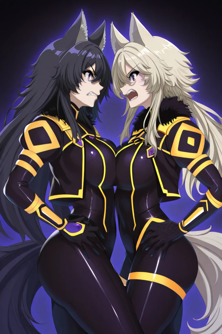 three anime characters dressed in black and gold standing next to each other, in dark robes with gold accents, fate grand order, characters from azur lane, anime style like fate/stay night, best anime character design, gilded black uniform, black and gold armor, mystical anubis valkyrie, knights of zodiac girl, black and golden armor into realistic looking females