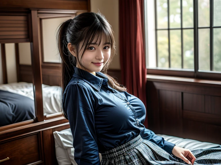(top-quality、​masterpiece)、(Realistic lighting with shadows)、elegent、A hyper-realistic、Stylish, canny, traditional, artistic, intricate detailes、(Perfect anatomical depiction of the human body)、1 girl in, ( Huge breasts :1.3), She is a teenage girl、Beautiful bright blue eyes with glowing highlights、Attractive thin lips without lipstick、Brunette hair fluttering in the wind、Half-up hair in braids shining in the backlight of the setting sun, Eta、She is a schoolgirl summer outfit、 The skirt is pleated mini tartan plaid、 Crimson ribbon tie and neat white blouse、tightly closed from neck to skirt, So the girl's breasts are not exposed at all.、Very large breasts are very cramped.、 The figure is very beautiful、Looks like a school goddess、It is a photo taken with a smile as if a wonderful flower is blooming in front of you.......。perfect anatomia, A detailed face, close up of face,  irene1