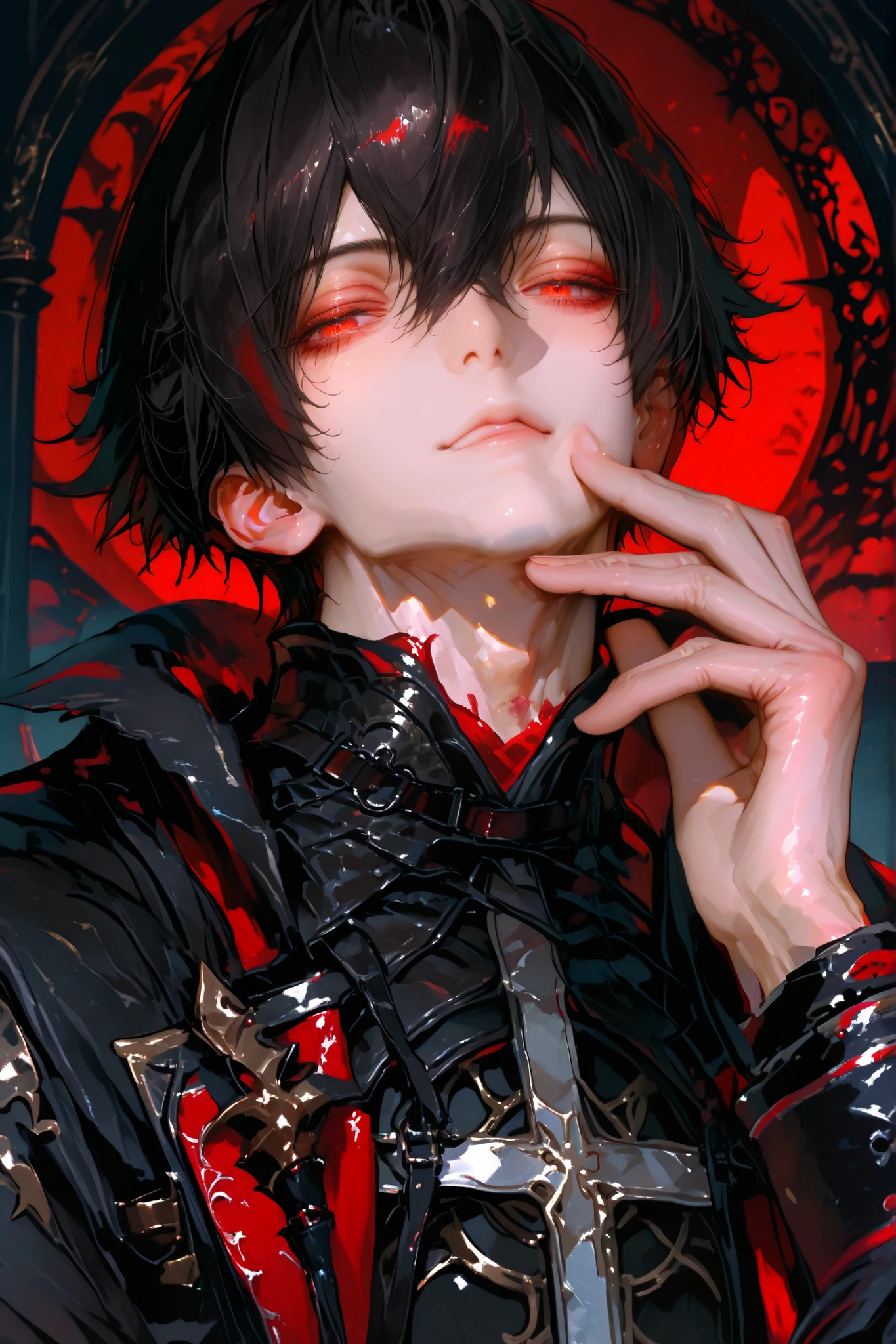 masterpiece, best quality, (Detailed Eyes: 1.2), boy, male, fantasy, red eye, black hair, semi realistic, black medieval suit with crimson color accessories, looking at viewer, emotionless face, solo character, resting him chin on the right hand