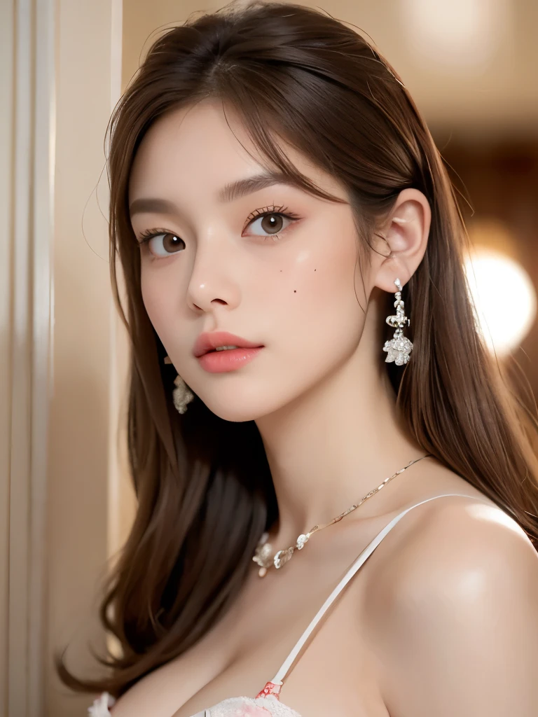 Very detailed、masterpiece、highest quality、Ultra-high resolution energy A、8K High Resolution、Transparency that looks great in photos、Detailed eyes、Gradation、Perfect anatomical figure , Nikon Z9 80mm Lens, Beautiful posture、yes、Browsing Caution、Thin eyebrows、Detailed eyes、Detailed nose、Mouth Details、Fine ears、Golden ratio face、(Waiting for a kiss)、(Curvaceous)、(Ideal ratio)、High definition eyes and feet、Long neck、eyelash、(((Natural soft light、Eye highlights)))、(Realistic:1.4), Shadow、(Best image quality:1.0), (超A high resolution:1.0), 8k, RAW Photos, (masterpiece:0.2), Curvaceous、(seductive pose:1.5)、When the light hits your face, that'that'that'that'It's getting brighter、Geometric background:1.3、dark、cute girl hair、avert your eyes、BREAK (A loose, sheer white camisole:1.4)、highest quality、Very detailed、High quality details、(Big Breasts:1.8)、break (plump lower lip:1.4)、break (Pink Lips:1.5)、(ponytail、luxury diamond necklace:1.8)