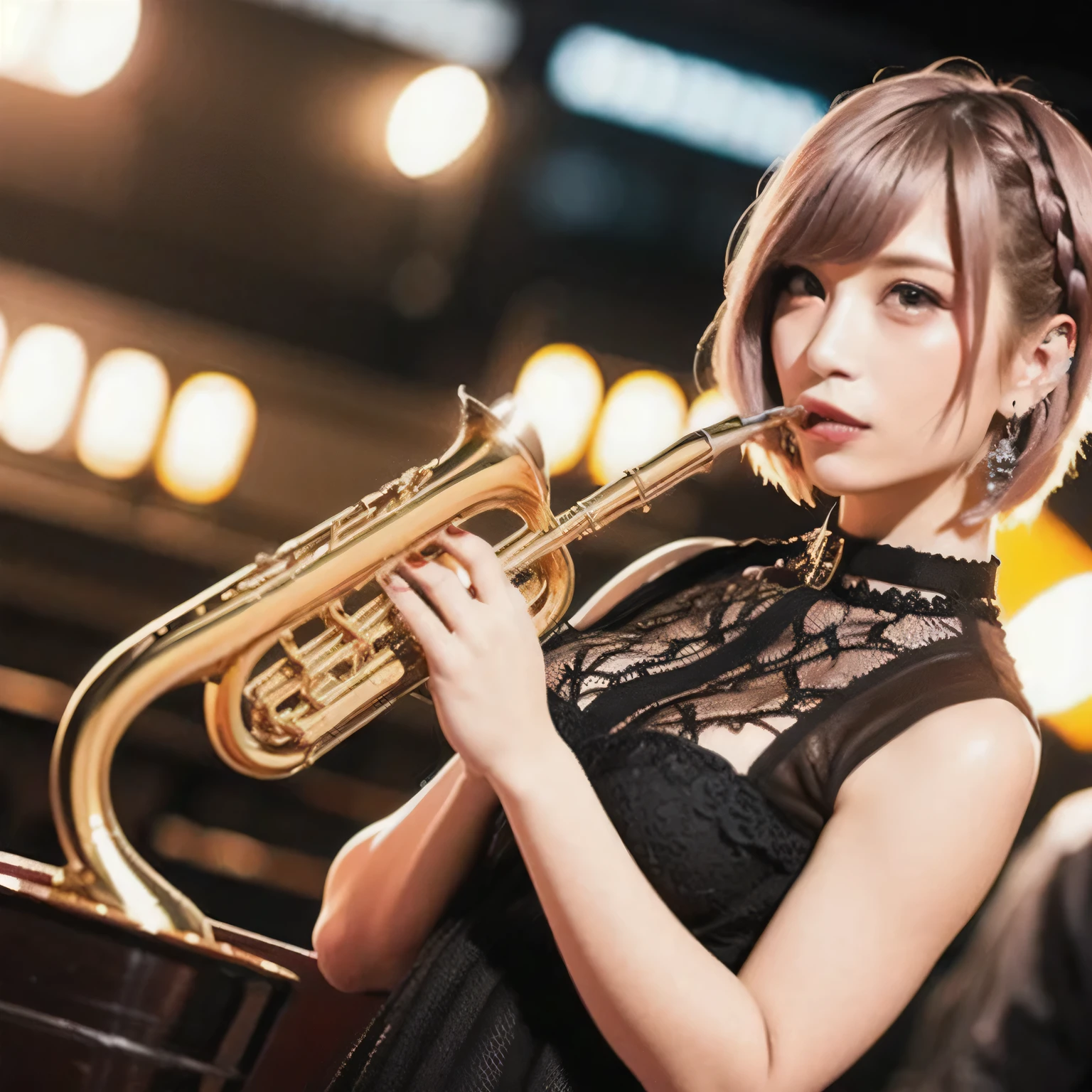 Depict a 20-year-old, dazzlingly beautiful woman playing a brass instrument in a grand concert hall. She wears an elegant yet practical band uniform, designed with intricate gold embroidery. Her posture is poised, fingers positioned with precision, her eyes focused as she plays passionately. The warm stage lighting highlights the shine of her instrument, creating a visually striking contrast between her and the surrounding orchestra. Brown hair, bob haircut, dark eyes.
