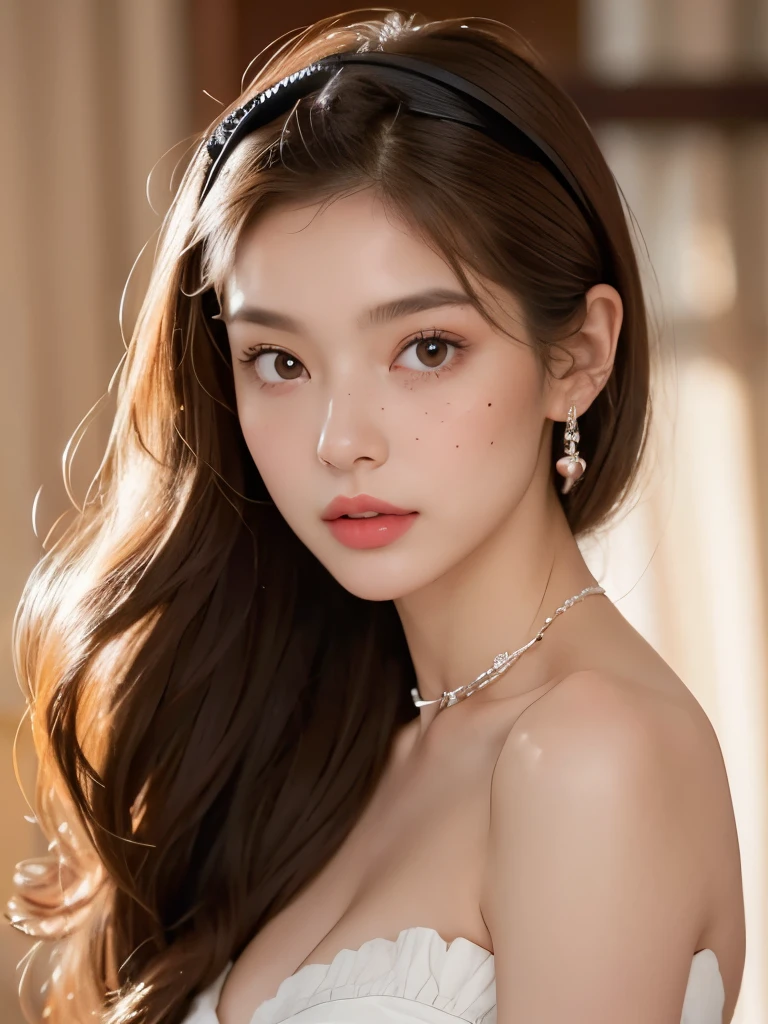 Sweet girl dress 2,a skirt, ((cowboy shot)), ((ultra-realistic realism+pure)，The eyes are bright，white skin skin)，hight contrast，high-definition picture quality，Dynamic tilt，a tall nose，Magnificent palace，Flare effect，Realistic details，Unity 8k壁纸，Super fine，Beautiful masterpiece，top-quality，Glowing skin，电影灯光，Sweet and cute，cabelos preto e longos。
