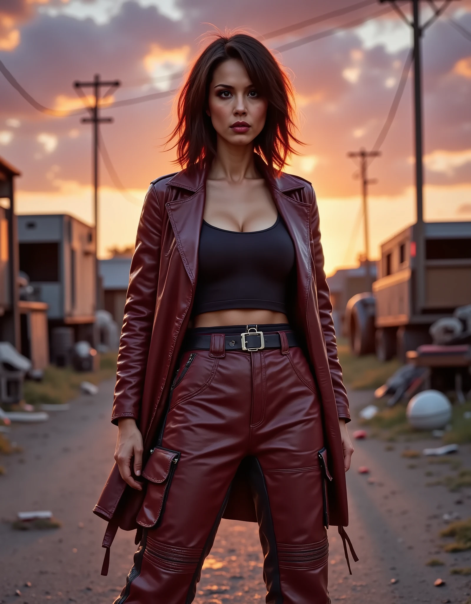  woman, 5'5" tall, wearing a wine red leather trench coat, a black tank top and wine red leather oversized baggy cargo pants with many pockets, posing in a mad max style junkyard, colorful twilight sunset clouds