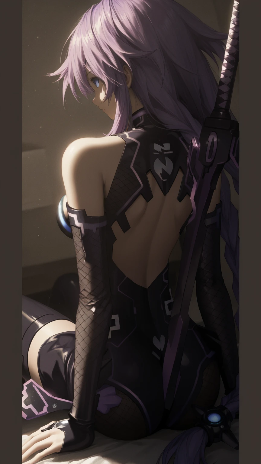 (masterpiece, best quality: 1.2), anime style, sleeved, une fille, in profile, very detailed face, cyberpunk, purple eyes, black har, hairstyle with pigtails, vulgar, sexly, collant noirs, Jupe moulante, beautiful breasts, beau cul rebondi, wide hip