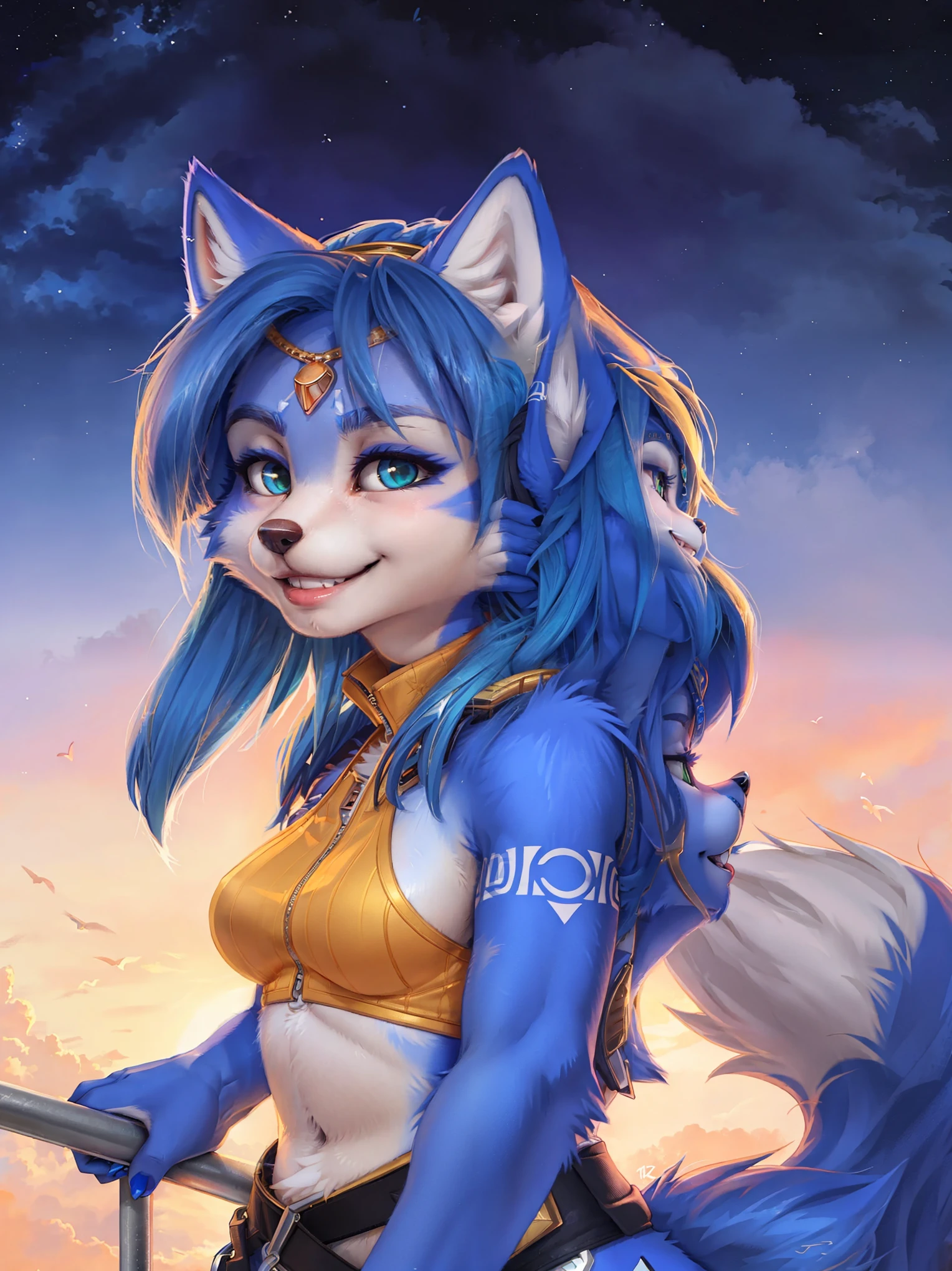 A beautiful and detailed (sweet portrait) wa ((krystal)), Star Fox krystal, sslim, lovable, green eyes, medium breasts, (((Long blue hair 1.3))), Decollete, grin, look up,, anthro, furry, Uploaded E621, detailed fluffy fur, (wa Fluff-Kevlar, Bayard Wu, personalize me, Pino Daeni), detailed face, (fluffy), 1 girl, alone, sweet girl, 
