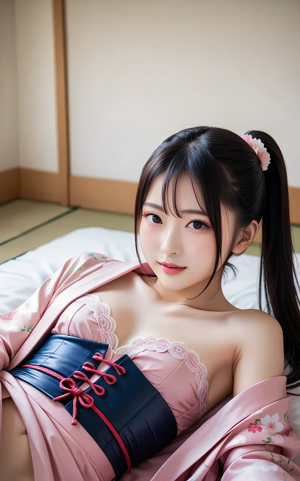 (masutepiece, Best Quality, ultra-detailliert), (Detailed face, Detailed eyes), (((Solo)),  Silly, Blush smile), Peeling off、Cowboy Shots
Lying, on side, Leaning on people, yokozuwari
((Geisha costume))、an lingerie、panties on、
brake
On the futon, Indoors, Japanese-style house, Midnight