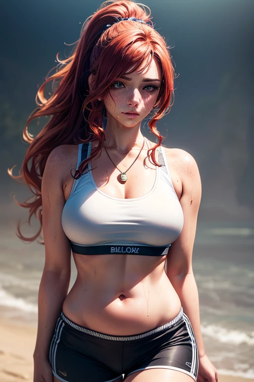 (((1girl, 1woman, alone, solo))), ((gwendolyn_tennyson, big breasts, shaved side hair, fitness, short hair, wide hips, malicious)), ((, belly showing, defined belly, thin waist, body perfect, thick thighs, standing dynamic pose, full view, masterpiece, best quality, (perfect hands), sunny day, summer)), pregnant
