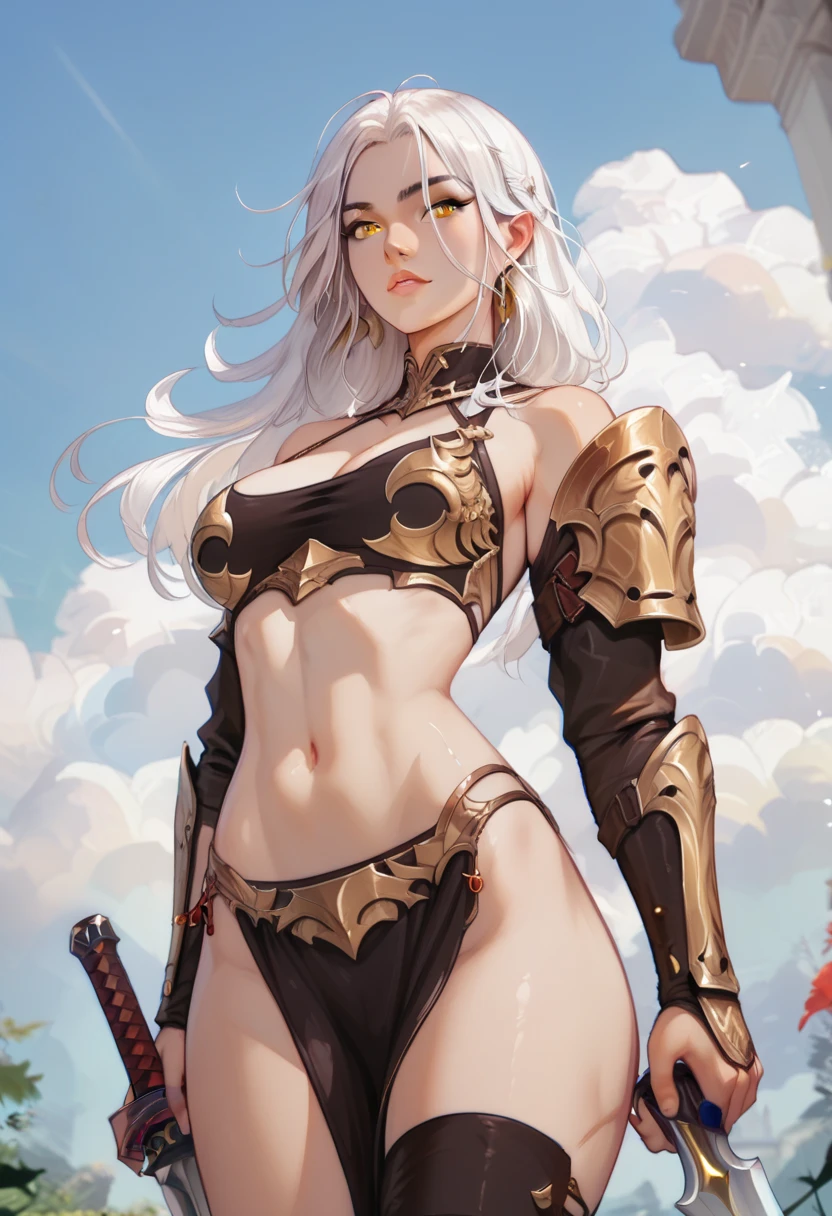 ((Finest quality)),(超A high resolution),(ultra-detailliert),(Meticulous portrayal),((Best Anime)),(Finest works of art),sharpnes,Clair, (Dual-wielding female warrior:1.5,Large and small swords:1.3), Scorching desert