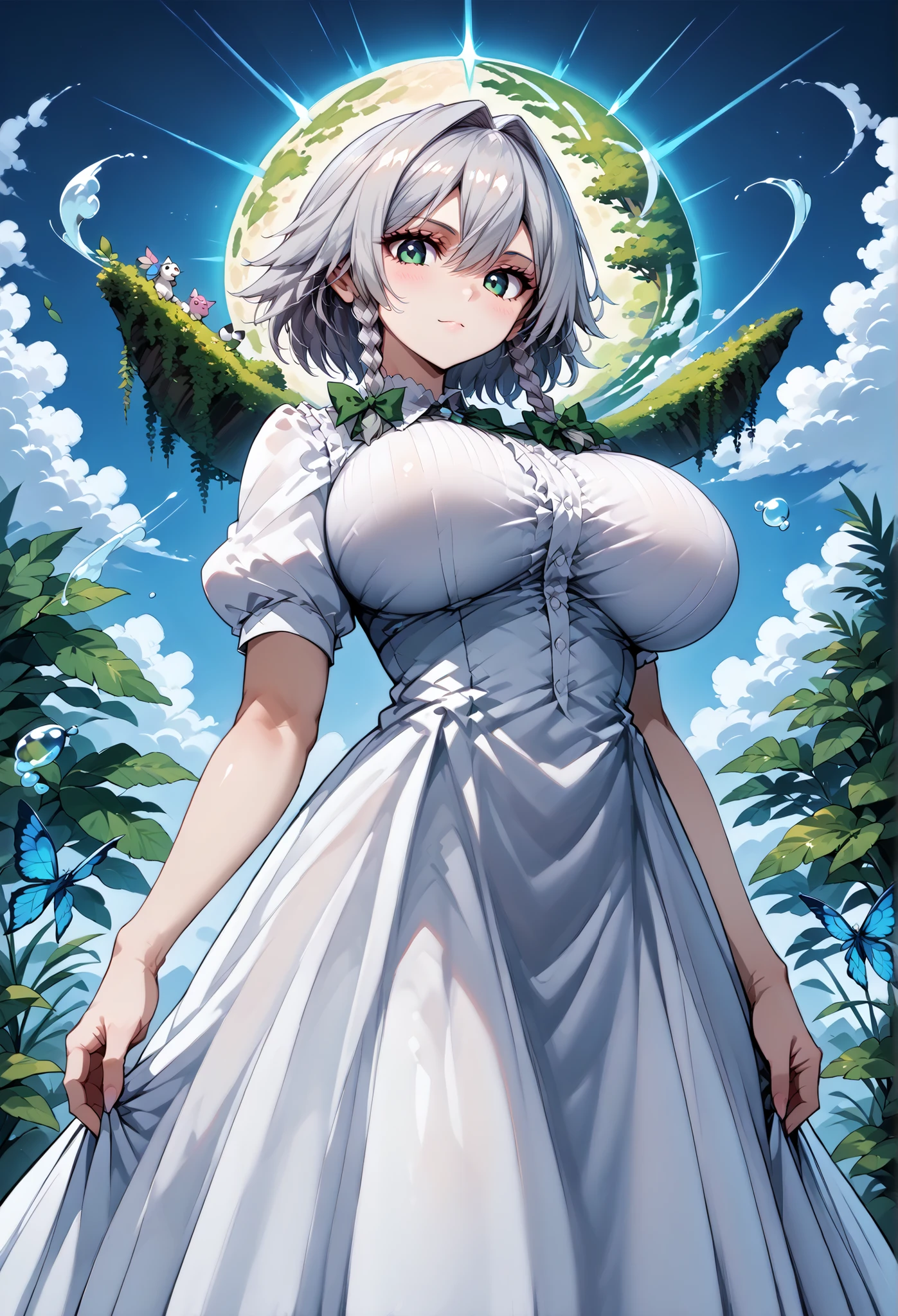 score_9, score_8_up, score_7_up, source_anime, 4K,perfect fingers,(perfect hands, perfect anatomy),prefect lighting, very aesthetic, intricate details,highly detailed background, masterpiece, high quality, best quality,
1girl,solo, izayoi_sakuya,silver hair, twin_braids ,((Large Breast:1.5)),
wearing ((long white dress, )) ,,
((underbreasts close up:1.2)), low angle,