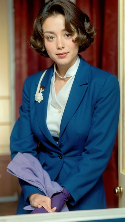 Vivien Leigh dressed in a blazer and colorful thong and smiling