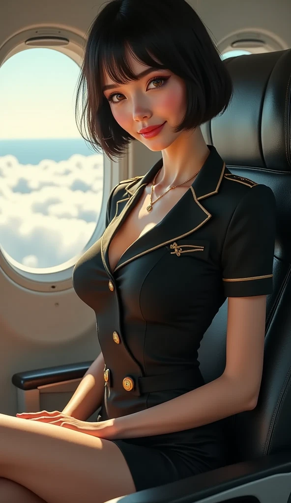 super hot flight attendant notices passenger's massive erection and offers him a blowjob, ((sexy, commercial flight, viewer's seat, erotic, naughty)), 1boy, flight attendant uniform ((white shirt, tight pants)), smiling, (blush), ((best quality, masterpiece, extreme details, high resolution):1.2),((detailed eyes, beautiful eyes, detailed skin, detailed face, beautiful face):1.2) milfylinda, ((dark hair, thin body, short hair))
