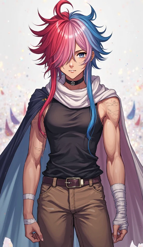 high quality CG, girl, (nude),cloak,((flat chest)),Slender,long hair,((loli)),striped, (((multicolored hair, two-tone hair, split-color hair,))) hair over left eye,