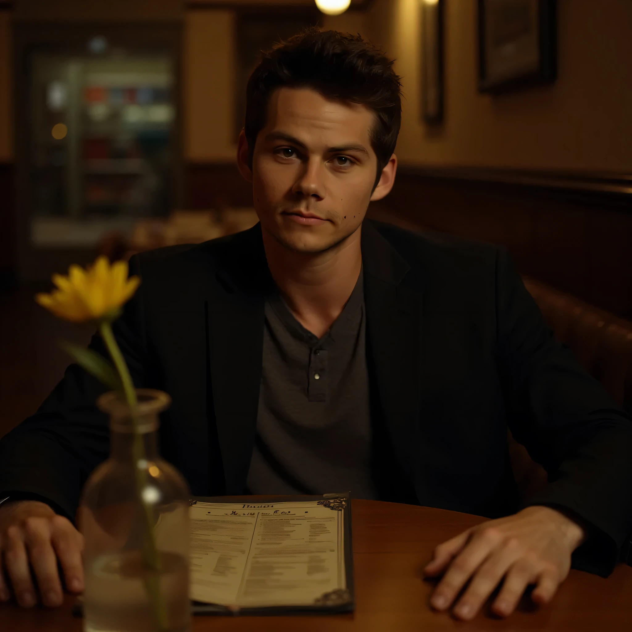 A tired handsome man sits in an old cafe in the evening, he has five fingers, there is a vase with one flower on the table and a shabby menu on the table, clear facial features, detailed image, realistic, real, realistic facial features, realistic photography