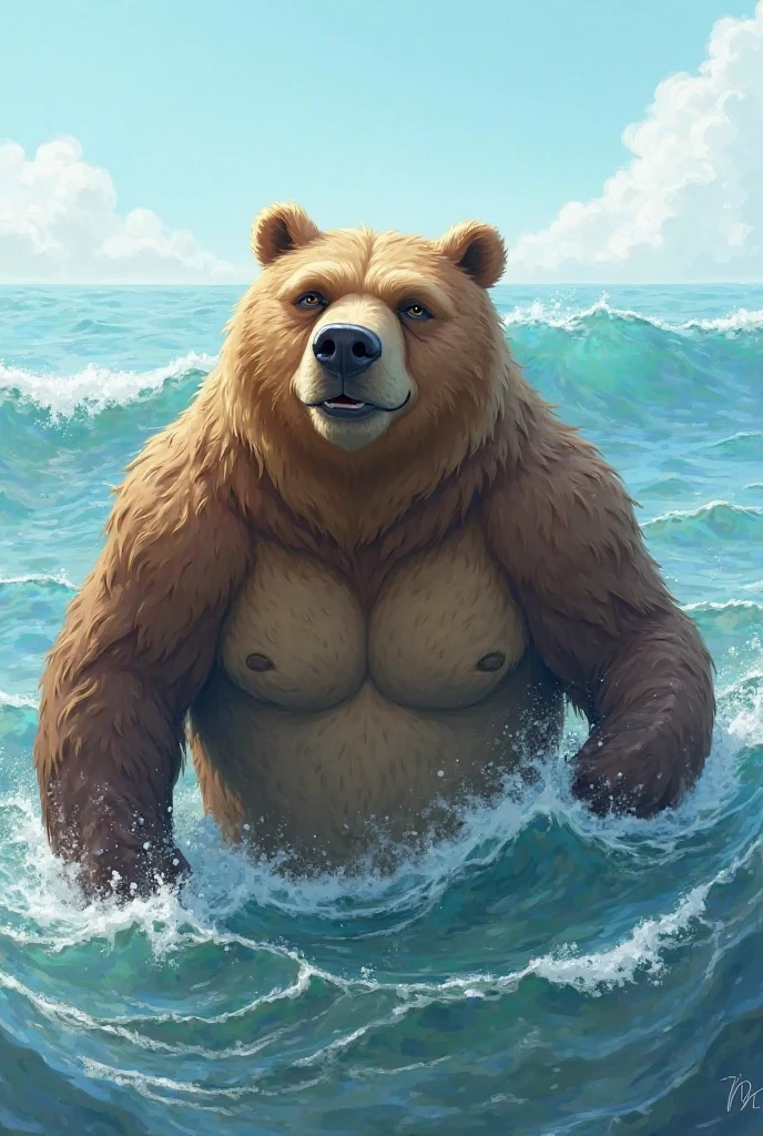 a huge muscular furry Grizzly bear old man swimming in sea, huge shoulder muscle , shirtless, muscle, strong man, strong bear, huge muscle, short hair, bearded, white hair and beard, , thick heavy brown fur, wrinkles skinned, strong muscle, strong and intimidated, masterpiece, muscular, commission for high res, male, fantasy art, very very beautiful art, art painting , painting art
