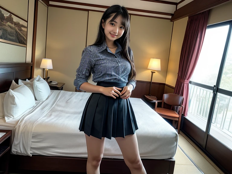 very cute and beautiful girl,(highly detailed beautiful face and eyes),
(smile:1.2),blush,embarrassed,looking at viewer,black hair,serafuku,short sleeve,pleated navyblue mini skirt,
kneeling on bed sheet,arms behind back,school bag,pouch,antique hotel bedroom,window,distant town view,
(best quality,masterpiece),absurdres,highres,ultra-detailed,extremely detailed,32k,8k resolution,
intricate details,cinematic scene,detailed background,solo,dynamic angle,