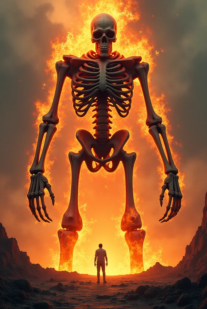 a man standing in front of a menacing but not malicious giant skeleton with golden aura. in a heaven like setting