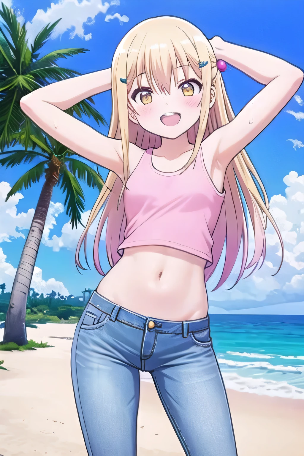 (young girl ,short stature,gyaru)) ,flat chest , forehead, shoulder-length wavy brown hair ,yellow swimsuit, ,nsfw,plump,,,beach,many boys surround,penis,stand,stand,lock side