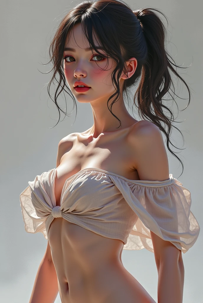 Top Quality, Masterpiece, Ultra High Resolution, (Photorealistic: 1.4), Raw Photo, 1 Girl, Off Shoulder, Darkness, Deep Shadows, Low Key, Cold Light, (Grabbing the Chest: 1.2), Crying Unbearable to Endure Suffering