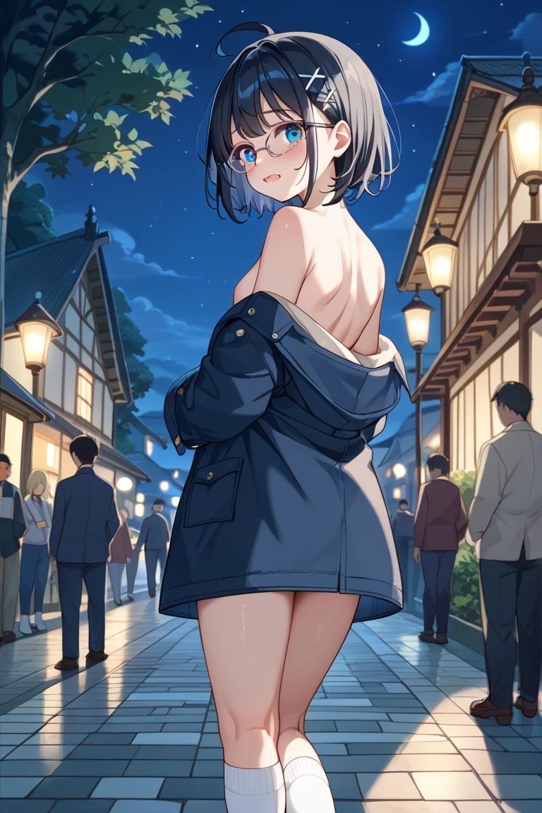 18 year old girl, short red hair, sad eyes, sad smile, small breasts, thin hips, choker collar, wrist cuffs, naked, nude, pubic hair, standing, near open door, book store, books, evening, nighttime, dramatic lighting, cinematic lighting, masterpiece, best quality