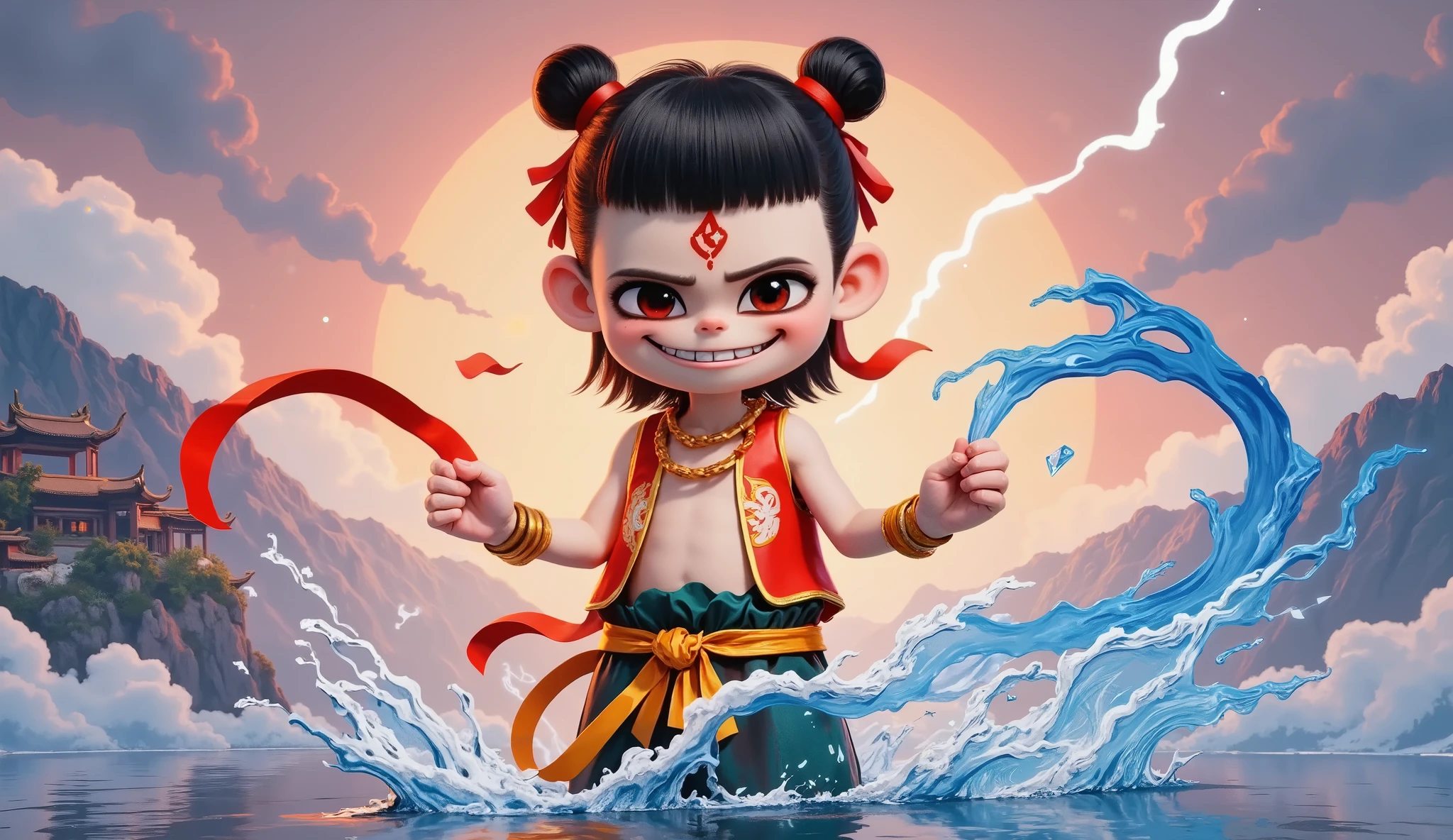 Nezha, the young God of War, merges traditional mythology with cyber aesthetics, showcasing an awakened state where divinity and demonic nature intertwine. His eyes reveal the sharpness of millennia of cultivation, a slight smirk hinting at a rebellious and devilishly handsome demeanor. He wears a red silk lotus-flower dudou (a traditional Chinese undergarment) embroidered with golden cloud patterns, emerald green lotus-leaf shorts with knee pads, and his forehead displays a blend of demonic sigils and the mark of a spiritual pearl. The Hun Tian Ling (Cosmic Ring) transforms into streams of data wrapped around his arms, the Qian Kun Quan (Universe Ring) displays projections of Daoist talismans on its surface, and he stands on plasma-state Feng Huo Lun (Wind Fire Wheels), hovering above a digital sea of clouds. Below him, the buildings of Chentang Pass are rendered in a cyberpunk style, while the background blends ink-wash mountains with a holographic Heavenly Court. Lightning strikes on the left, and broken celestial chains surround him, with pixelated sparks erupting from each fracture. The main lighting uses a contrasting warm and cool scheme, with sunset glow on his face and a deep blue energy surging from the backlight. The Hun Tian Ling leaves a trail of afterimages, the Feng Huo Lun's particle effects create motion trails, and the ambient lighting fluctuates with his emotions, bursting with red light when angry and flowing with blue flames when contemplative. His left hand tightly grips the Fire-Tipped Spear, piercing a bamboo scroll inscribed with the words "Heavenly Mandate," while his right palm cradles a self-remolded spiritual embryo. Glitch art, traditional gongbi (meticulous brushwork) techniques, and digital noise are layered. Vermilion red is the dominant color, complemented by high-saturation contrasting colors like titanium gold, navy blue, and fluorescent purple. Dynamic diagonals and radial compositions are used to enhance visual impact and the se