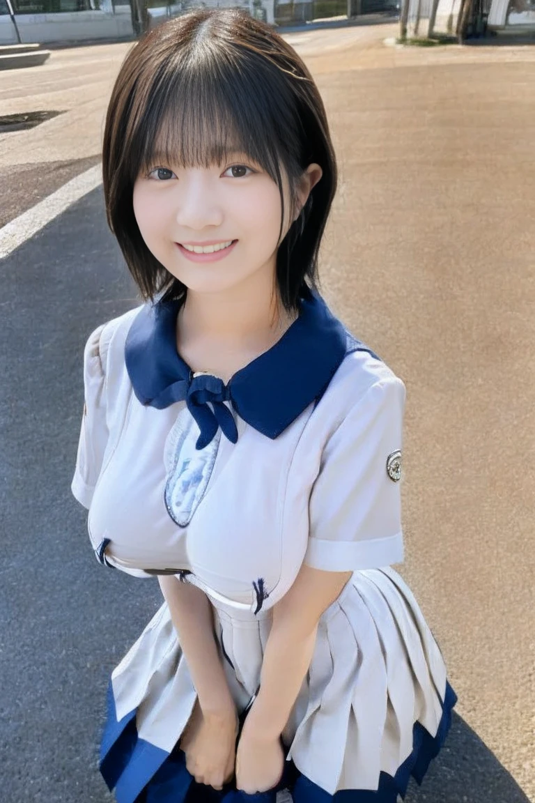 bright表情、Realistic:1.32、Highest quality、Ultra-high resolution、最も美しい日本のgirlの写真、Cute and beautiful facial details、Small face、(PurerosFace_v1:0.008)、美しいbangs、14 years old、Shine, fair, Shine肌、Hair gets tangled in the face、girl１people々、顔まで伸びるbangs、bangs、Hair between the eyes、Attractive brown silky hair、bright、澄んだ瞳が魅力的にShine、Dynamic pose、Highest quality、Confused、((the cutest girl in the world))、日本people々、((Mini dress with ribbon:1.3))、Korean Fashion、(Long Bob:1.3)、(Tie with a thin ribbon)、Nice and cute、An innocent smile、nice smile、No cleavage、(Large Breasts:1.3)、(Pose cutely:1.3)、Brown Hair、Narrow waist、Beautiful eyes in every detail、View your audience、Upper Body、Face close-up、Front view、
