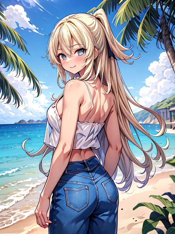 (8K、Top image quality、top-quality、masterpiece)、A detailed face、1 girl in、Blonde longhair、blunt bangs、Golden eyes、piercings、((Brown skin))、((skin tanned))、Grinning、very Bigger breasts、Big straw hat、Black Bikini、denim short shorts、Rear view、Turn your butt、Taken from below、cowboy shot、blue open sky、seaside backgroud