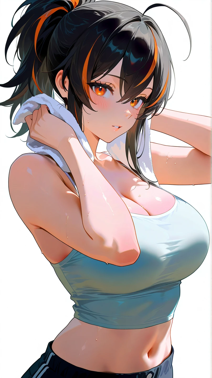 1girl,solo,retina,masterpiece, Awards, high quality, High resolution, HD, 4K,8K,high quality, rough skin,breast focus,depth of field,(line drawing:1.1),(large breasts:1.3),faint smile,oily skin,Relative to the girl,underside of breasts,(mochi shaped breasts:1.2),(closeup upperbody:1.5),white clothe,(perfect breasts from below:1.1),perspective,baby face,(short height,petite:1.3),camisole,,(from directly in front:1.3)