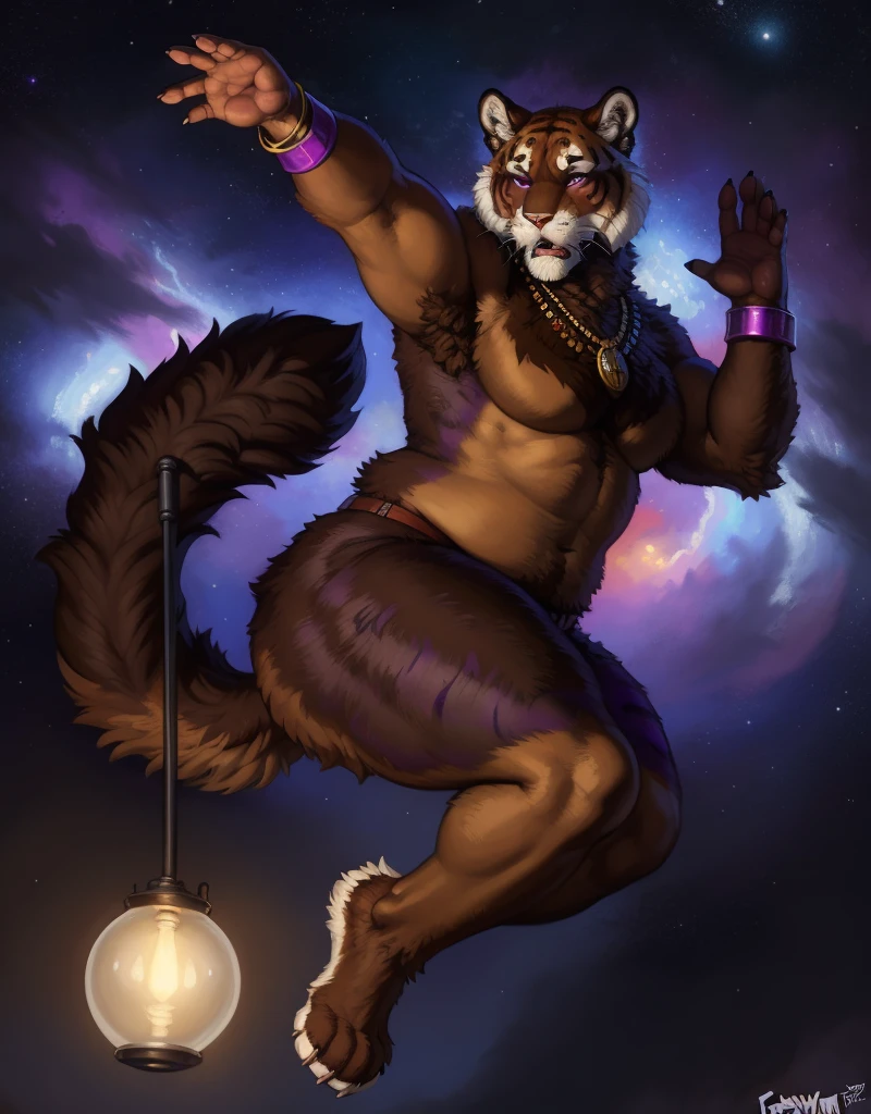 <lora:furlong-09:1>, furlong, muscular male, bara, orange eyes, wolf tail, (pose:1.3), (posing:1.3), (soft shading), 4k, hi res, five fingers, detailed hands, ((detailed face, (detailed eyes:1.0), detailed)), (full body), by zackarry911, by zaush, (by personalami:0.5), solo, looking at viewer, smile, open mouth, 1boy, navel, jewelry, nipples, full body, male focus, thighs, multicolored hair, necklace, stomach, bracelet, fangs, thick thighs, abs, instrument, bulge, topless male, dog tail, tight, drum, jaguar ears, red fire hair, jumping actor, chest harness
