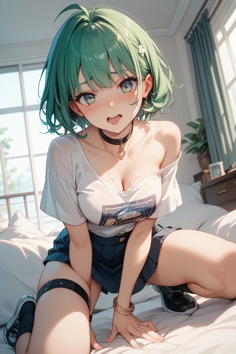 ((masutepiece)), ((Best Quality)), in 8K, NSFW, blow job,detaileds, Ultra-detailed, detailedsで複雑, fullnude, 1girl in,  large boob, light blue and green hair, bob cuts, Cat's ears, AHE Face, Blushing cheeks, Black hoodie, Clothes Combing, Blue skirt, Bichobicho,on the beds