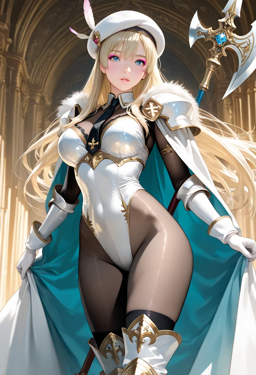 A young woman with white hair and heterochromia enchants in medieval attire. Her eyes, one a captivating blue and the other a mesmerizing green, add a touch of mystery to her ethereal beauty. The illustrative style takes inspiration from the detailed and richly textured works of Boris Vallejo, known for his fantasy art. The color palette combines soft whites and grays with vibrant pops of color, enhancing the visual impact. The camera angle captures the young woman in a regal and confident pose, showcasing her connection to both the medieval era and her unique characteristics.