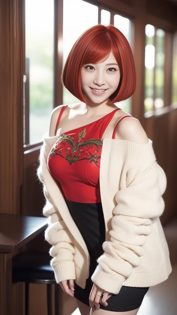 SakuraVRC, masterpiece, best quality, depth of field, 1girl, solo, red hair, short hair, green eyes, blush, smile, closed mouth, open-chest sweater, sweater, turtleneck, cleavage, large breasts, upper body,