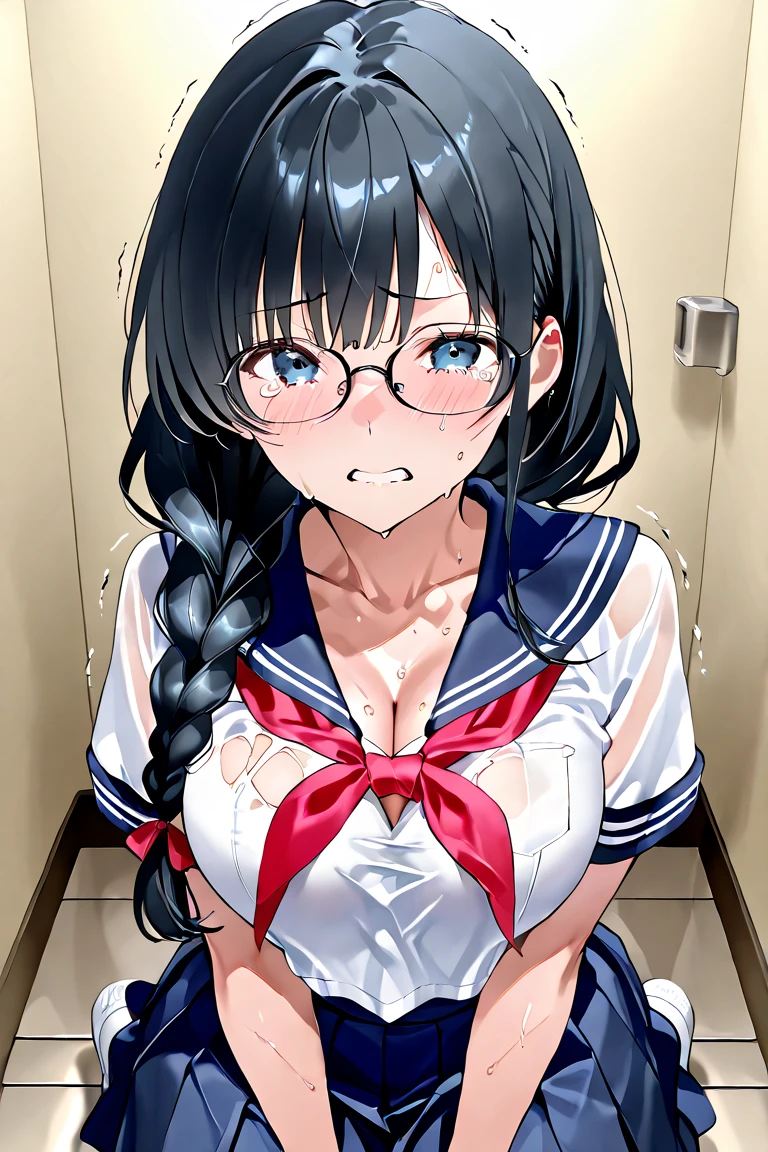 Highest quality, Super detailed, masterpiece, Ultra-high resolution, 8K, Embarrassing, blush, Lovely, Close one eye, With tears in her eyes and her mouth open, drooling, Twin tails, [1girl, zenno rob roy \(umamusume\), umamusume], Glasses, arms behind head, wariza, (off-shoulder sailor uniform, micro mini skirt), under boob, crop top navel, medium breasts, Absolute area, Waistline, Shower room