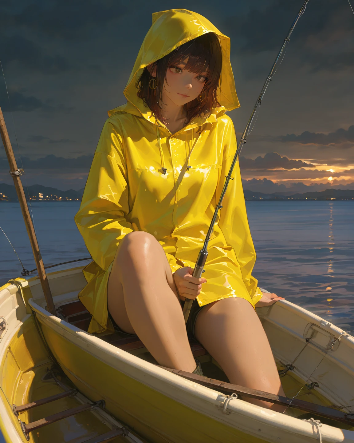 (masterpiece:1.2), best quality, photo of beautiful female fisherman, gingerhair, wearing yellow raincoat, (on fishing boat:1.3), dark clouds, Hyperdetailed, analog style, hip cocked, demure, low cut, detailed skin, matte skin, soft lighting, subsurface scattering, heavy shadow, masterpiece, best quality, golden ratio, Intricate