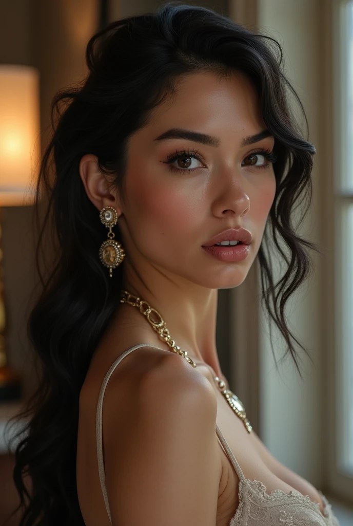 magnifique jeune femme, 20 ans, corps en entier, anatomie parfaite, small sized breasts, flat chest, dark gray strapless dress, robe fendue, collier en or, boucles d'oreille en diamant, maquillage parfait, réception dans une magnifique demeure, champagne, serveuses